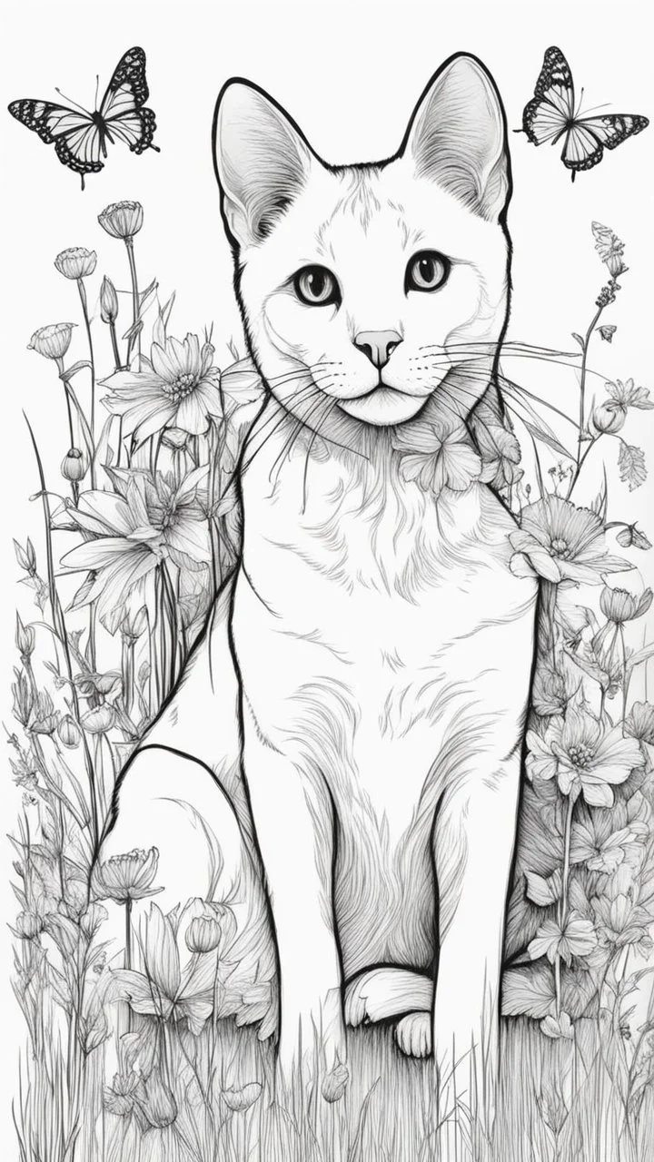 Love cat , love dog , add a butterfly on a wild flowers to this picture thin line draw