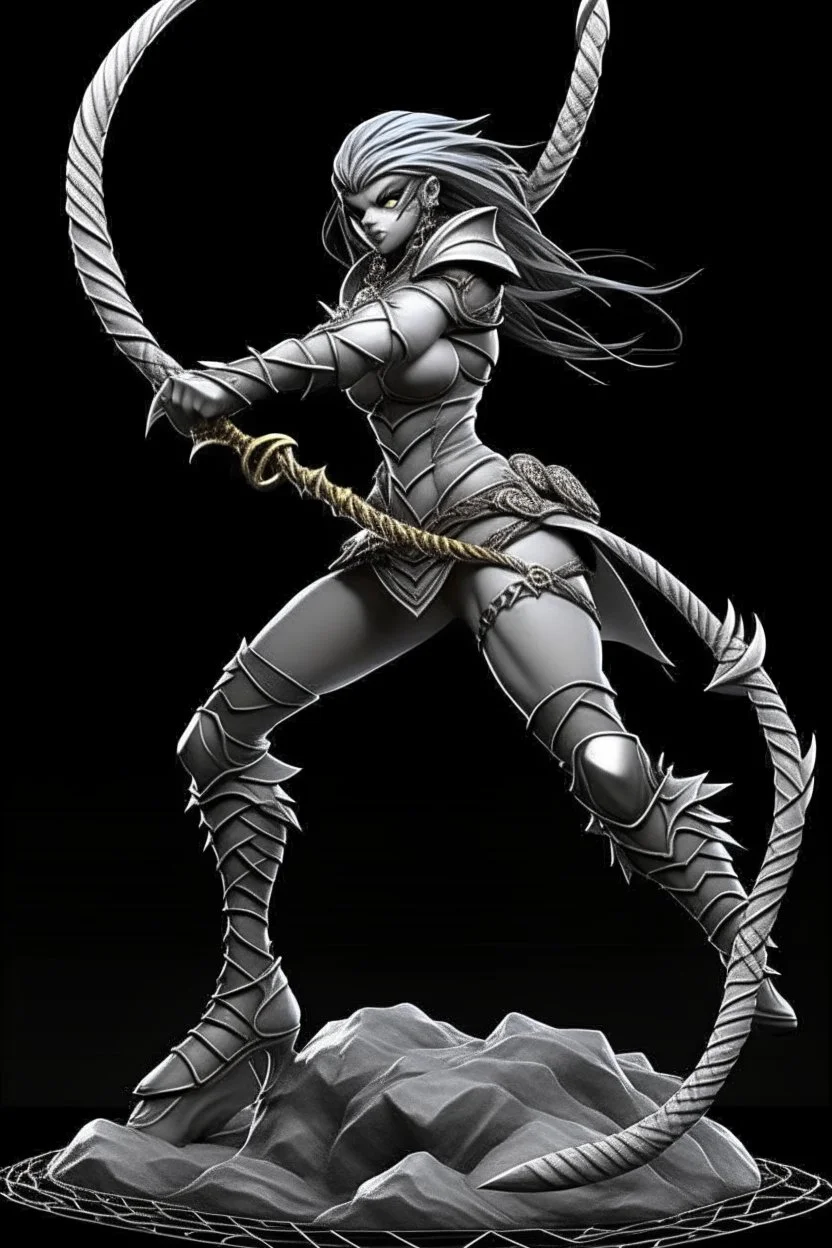 female gray skin Shadar-Kai wielding a Whip a whip made out of black thorns