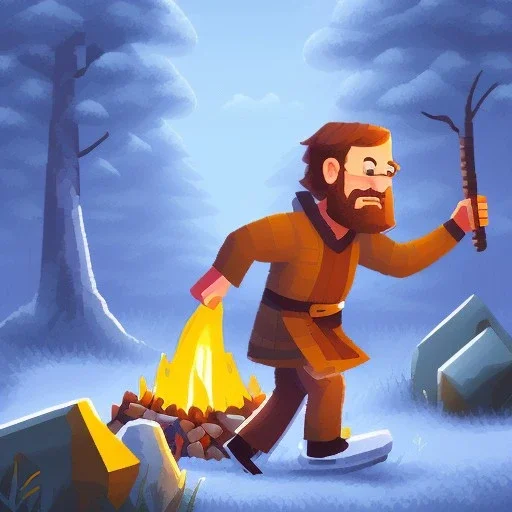 a man running with an axe in the forest by a campfire and stone wall, all in pixel art cartoony stile