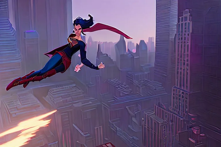 Supergirl flying in a hypnotic dream over New York City