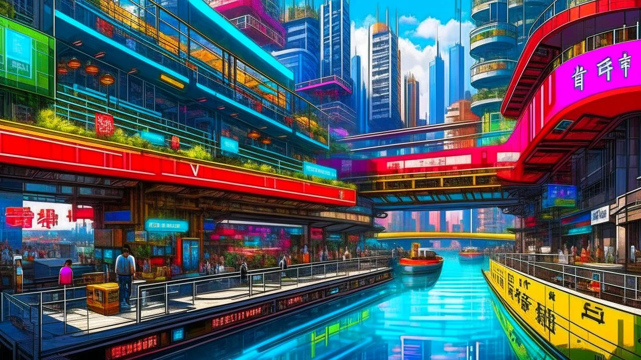 Water-level view of buildings on a canal, made of metal, cyberpunk, many painted colours, floating and flying boats, balconies, bridges, people, shopping, eating, walking, fifth element, ghost in the shell, altered carbon