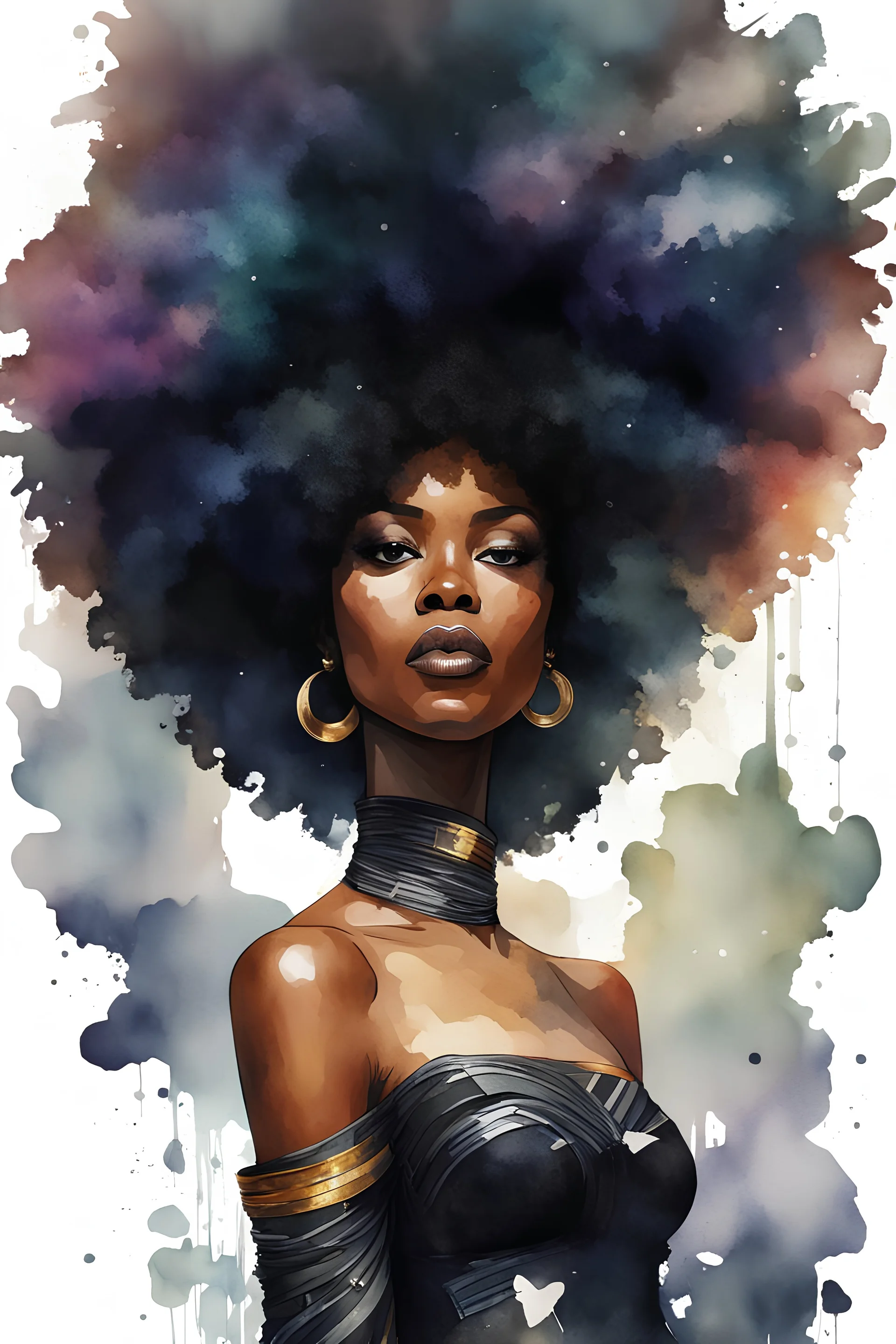 create a Afrofuturism watercolor art style image with exaggerated features, 724k. with a black woman wearing a black off the shoulder blouse, highly detailed afro thats shaped into Africa, white background