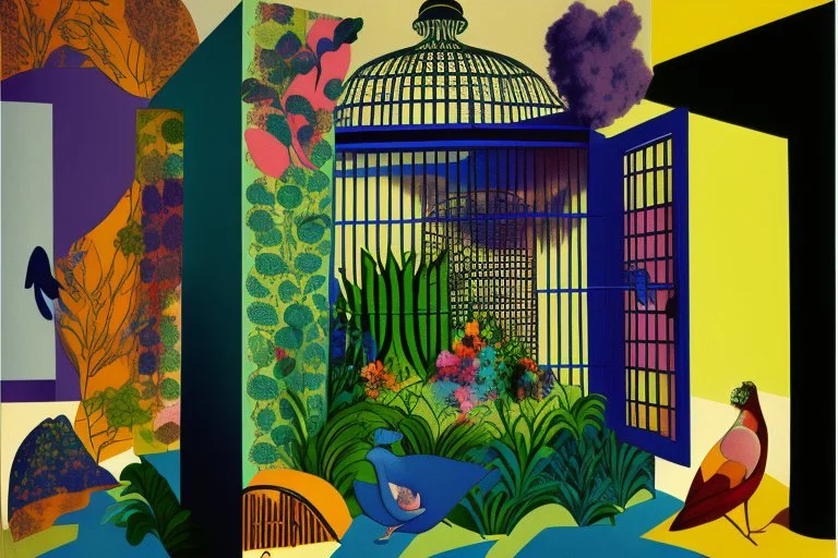 steal dirty cage inside is a garden of eden lit dimly in the style of Eileen Agar