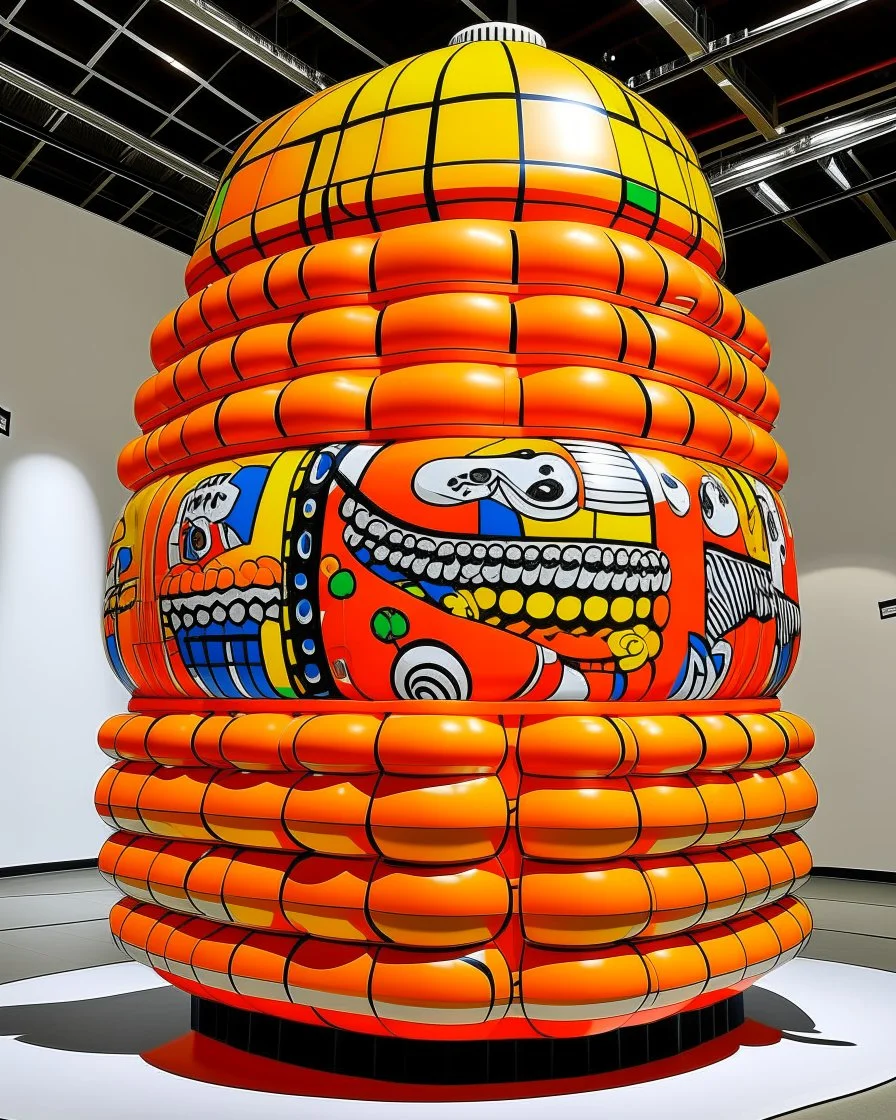 An orange colored coliseum with boxing gloves designed in Matryoshka dolls painted by Roy Lichtenstein