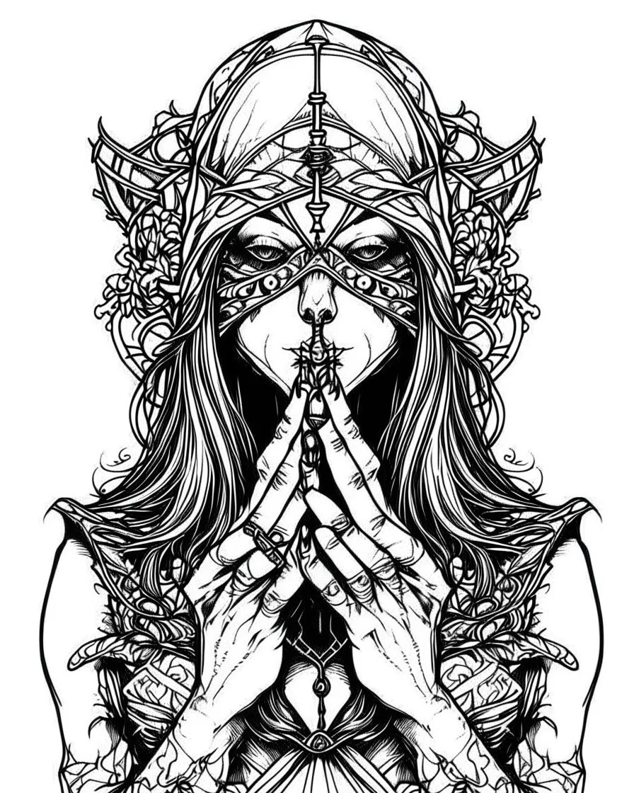 symetrical woman with blindfold tattoo, coloring book page, clean line art, adults drawing book, Black and white only, crisp black lines, sharp lines, coloring page for adults, black and white picture, lots of details, tattoo style,tattoo ideas, full body