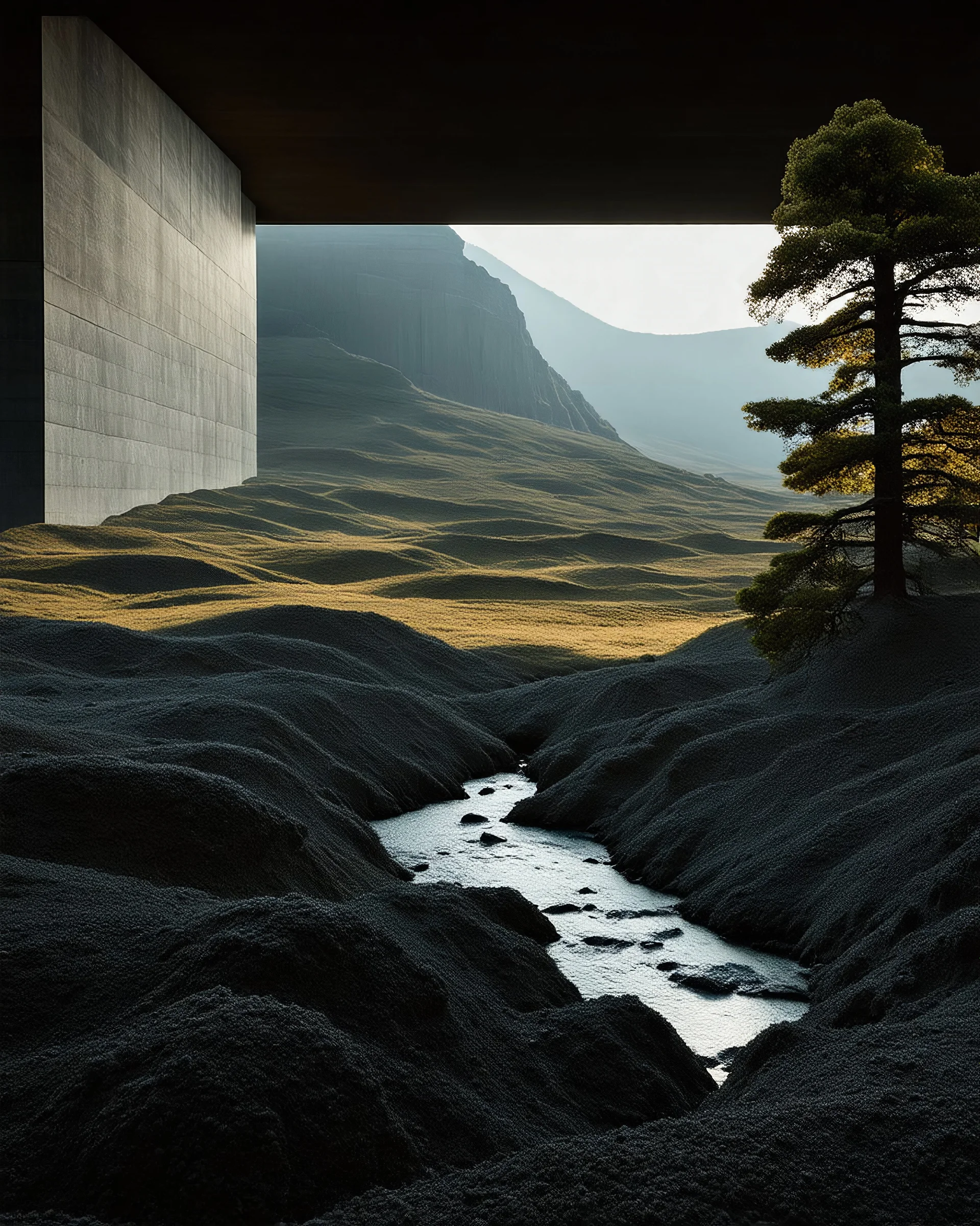 Photograph, NO PEOPLE, a mass of terrain, giant museum space, trees, pillars, high walls, high peak in a room, rag, powder, brook, sediments, deflagration of the background, geological formation, light, architecture, minimalist, details of the terrain very accentuated, 8k, deep 3d field, sharp, brutalist, hasselblad h6d400c --ar 85:128 --v 6.0