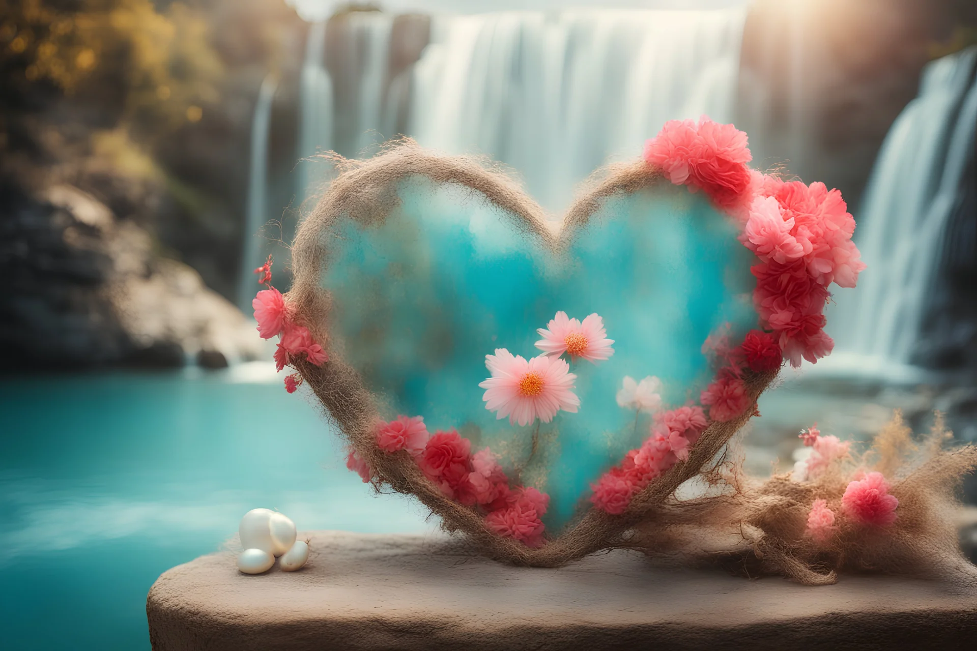 Double exposure, merged layers, turquoise, red and pink made with concrete and driftwood and rare pearl and low voltage filament lit, golden patina, in sunshine, corrosion, heart and love, angora fur, burlap, waterfall, flowers, in sunshine, ethereal, cinematic postprocessing, bokeh, dof