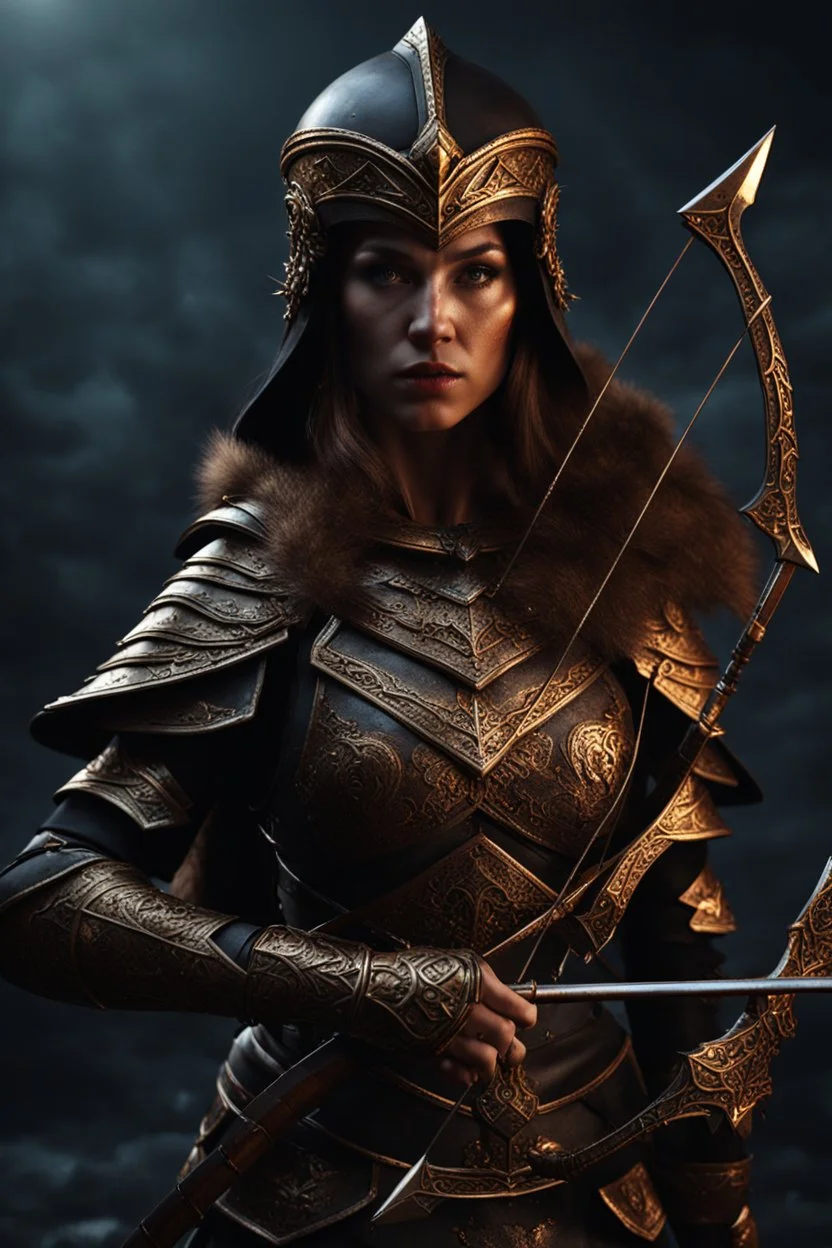 female warrior holding a nocked bow and arrow wearing bronze armour dark fantasy Realistic 4k