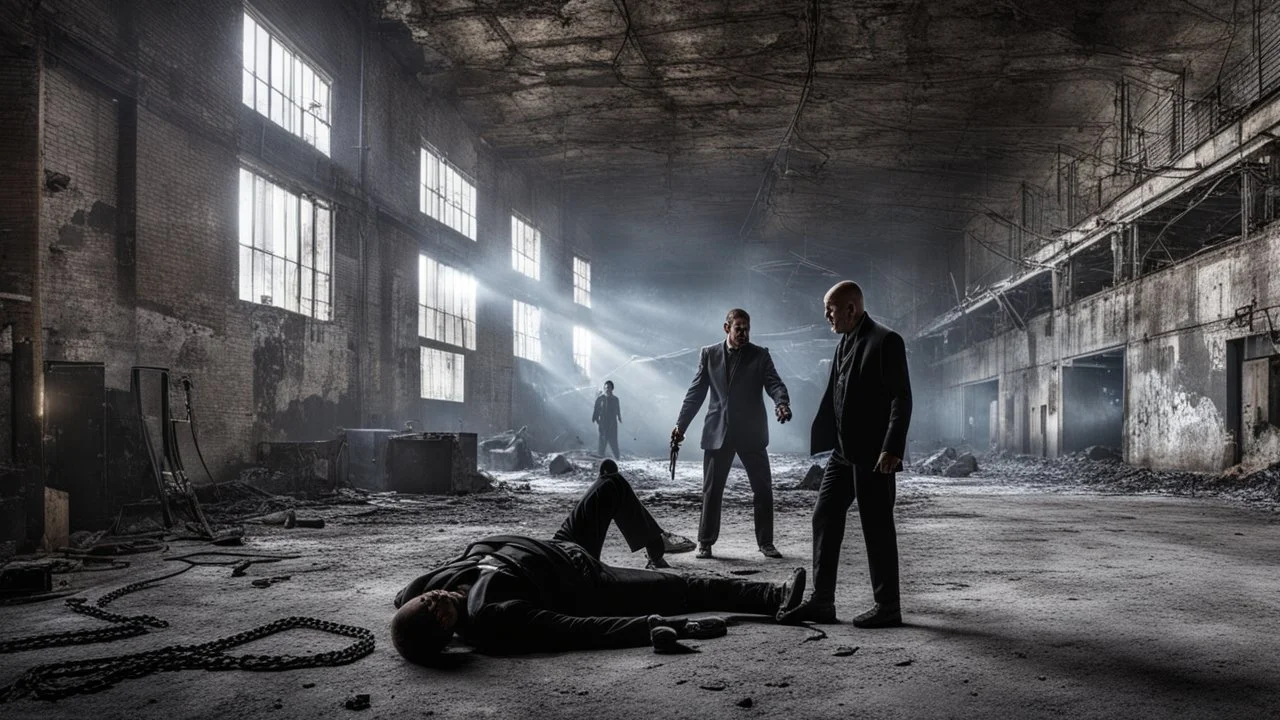 showdown in the old factory, a meeting two criminal gangs in an industrial setting, a long-closed factory, high ceiling, huge metal tanks, hanging chains, dirty objects, dust, in the dim light, broken large glass windows, scary place, background a man lies down , murder, shadows, slanted light, a Eerie place abandoned for many years, thriller-like depiction, dark colors, black, dark blue, gray, metallic colors, sharp focus, detailed image, creepy atmosphere, thriller