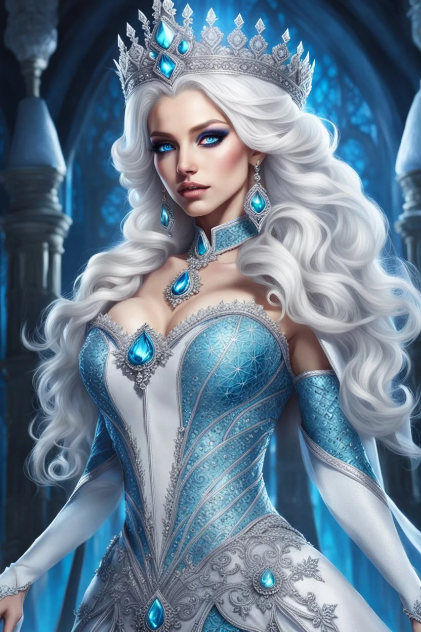 Full body de hermosa y malvada reina del hielo, pelo blanco, ojos azules luminosos, vestimenta intrincada, hiperdetallada, calidad ultra, increíble obra de arte, full body, piernas completas, pies completos