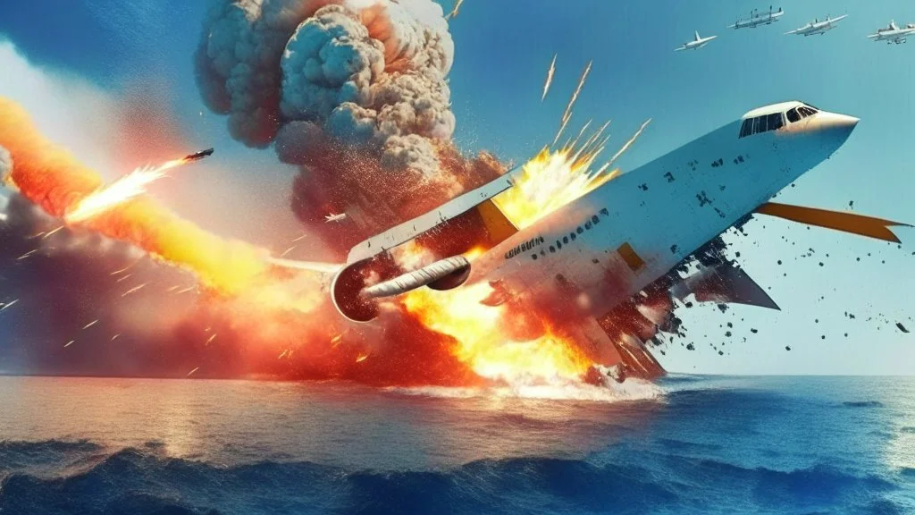 fighter jet shoots missile at passenger 747 plane and it explodes over the ocean