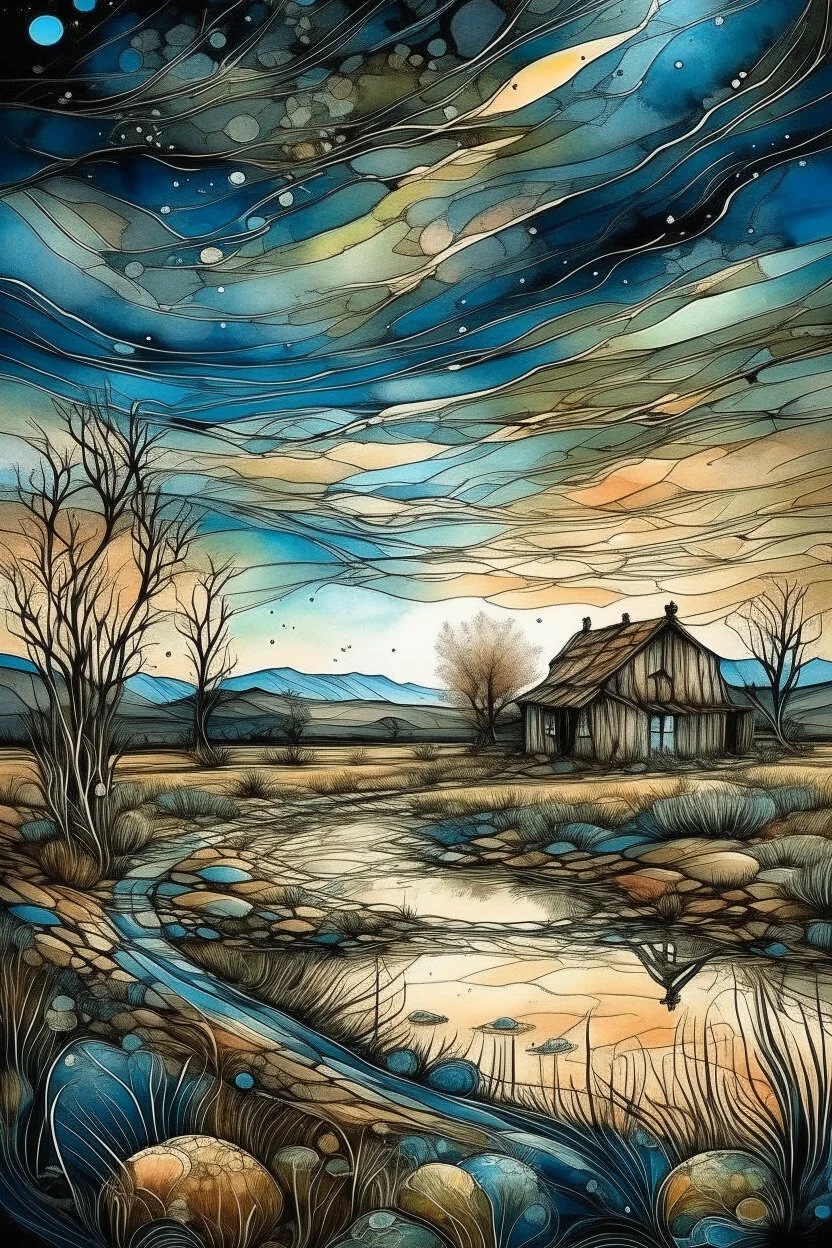 The place where the Dream and its followers live. A reflection of the sky. Watercolor, new year, fine drawing, beautiful landscape, pixel graphics, lots of details, delicate sensuality, realistic, high quality, work of art, hyperdetalization, professional, filigree, hazy haze, hyperrealism, professional, transparent, delicate pastel tones, back lighting, contrast, fantastic, nature+space, Milky Way, fabulous, unreal, translucent, glowing