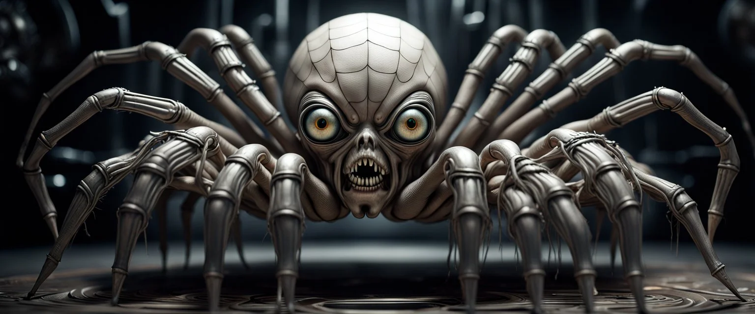 spider human, eight limbs, 6 eyes, 8k 3D, VRAY, concept art, hyperrealism ,photorealism, digital illustration ,Unreal Engine, elaborate, dystopian, detailed retro horror masterpiece, by hr giger