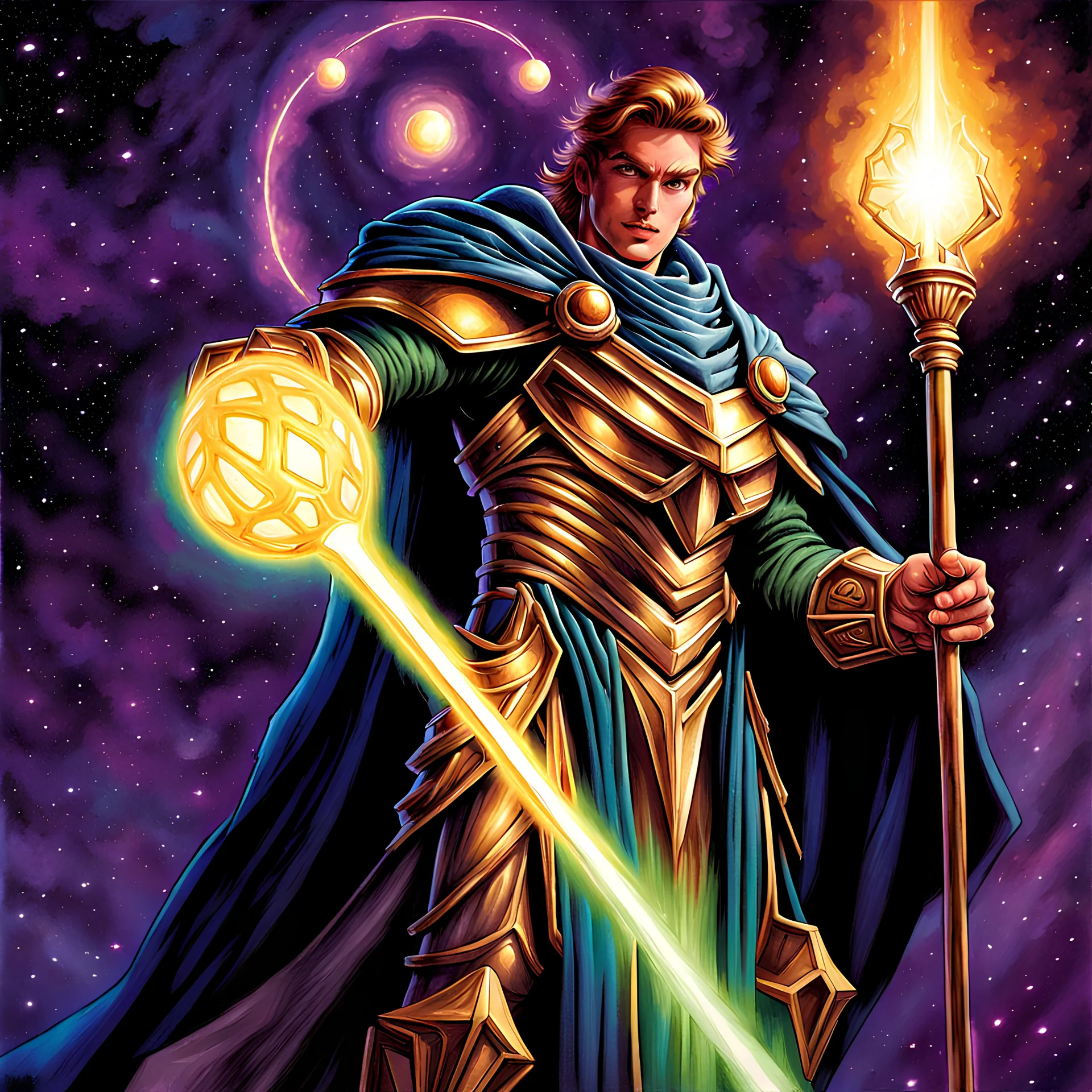 heroic fantasy galactic paladin holding glowing staff 90's tcg art 90's tcg art