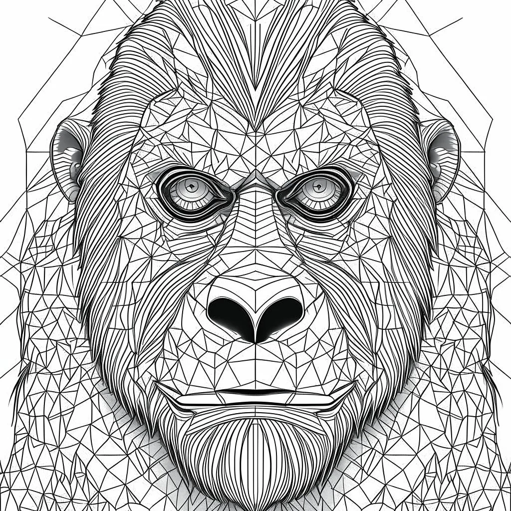 Gorilla, front view, mandala, minimal lines, cartoon, white back ground color, real style, realistic, minimalistic, minimal black line art, line art, crisp line art, unique coloring sheet, outlined, outline, crisp, crisp line edges, illustration, thin lines, crisp clear lines, line art, clean line art, unique, 8k, amazing, masterpiece, no colors, no dark color, no black color, avoid thick black, minimalistic line edges, pure white back ground, image character full fit to page,