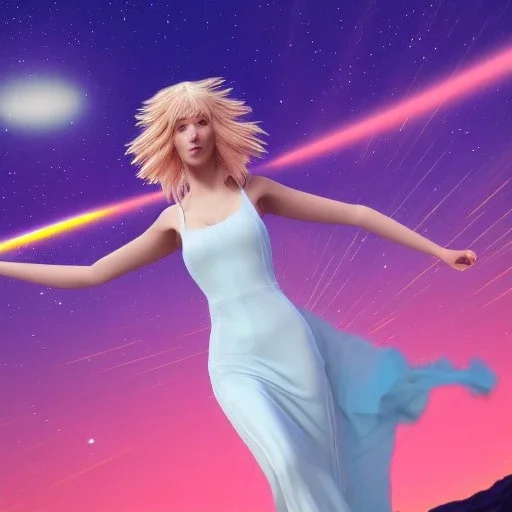 Full body with legs and feet white woman with legs, long blond hair, blue eyes, pink and blue dress in a galactic ambiance, delicate colors in the foreground, full of face details, smooth, light effect，vaporwave colorful, smooth, extremely sharp detail, finely tuned detail, ultra high definition, 8 k, unreal engine 5, ultra sharp focus