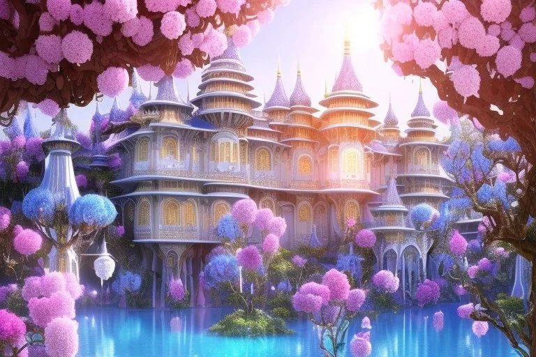 a magical crystal flower lys bougainvillier, blue gold house indian palace castle in the woods, magnolias pink,blue lake,sun,white swanns,pink vertical, blue lake,sharp, vines, candlelit, endor, ornate, elegant, highly detailed, artstation, concept art, smooth, sharp focus, illustration, 8k, splash art, wallpaper, key visual