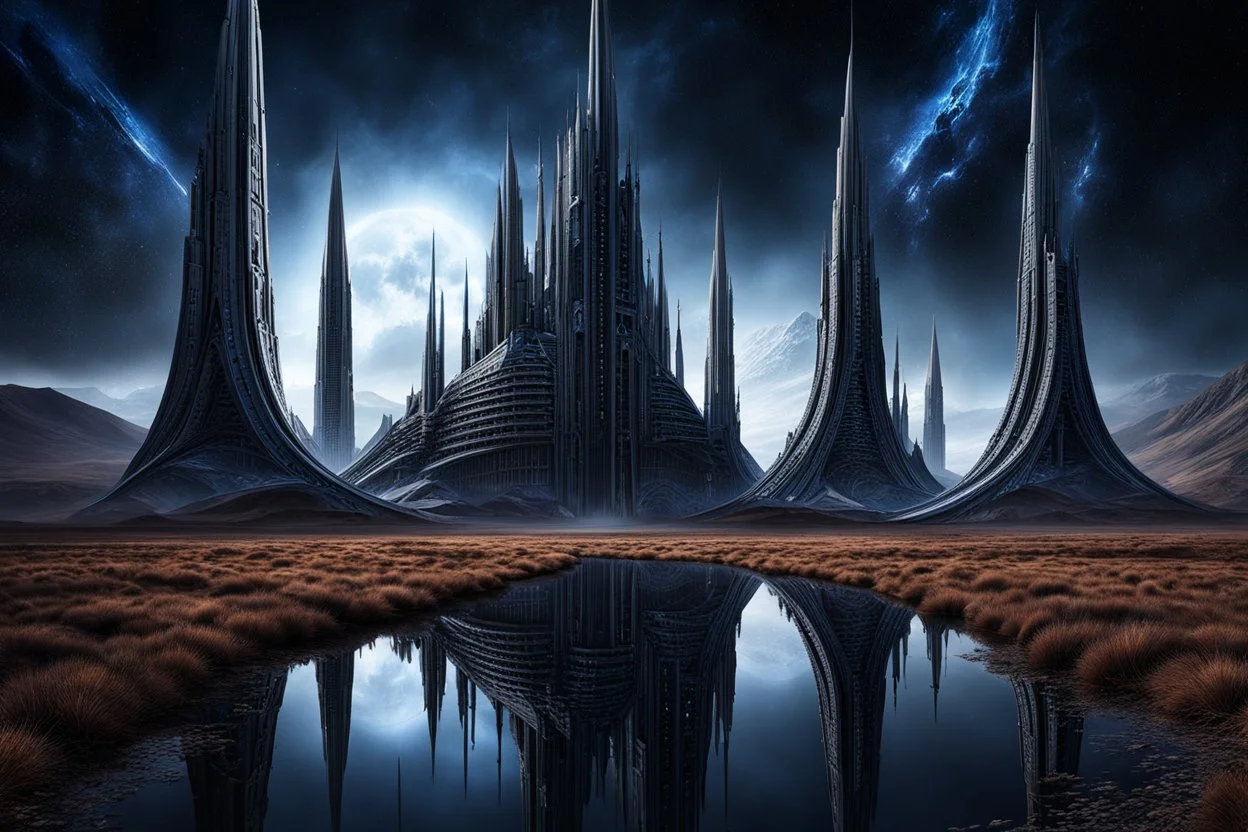 photo from alien dark matter buildings, with weird elongated gothic style, alien constructions, standing long weird creatures alirn landscape, silver, black, brown and dark blue surreal vision, stunning visuals, ultrarealistic dark dreamy world, surreal lighting, reflections, hyper-realistic, detailed, photorealistic, sci-fi mood