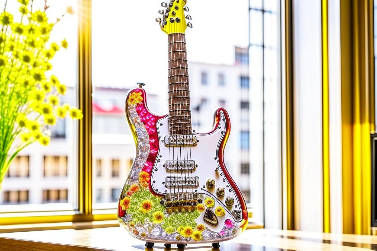 A lovely clear transparent resin guitar with wildflower design in a modern room in sunshine