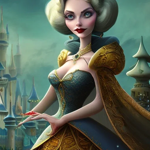 extrem tim burton style and disney style of an extrem old evil stepmother, sharp focus, beautiful eyes