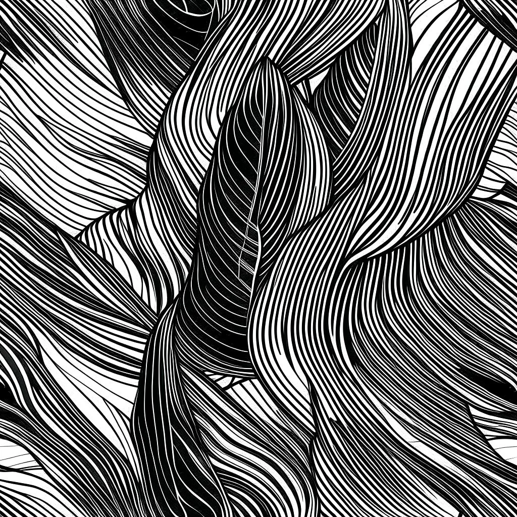 seamless dynamic banana leafs diversity wallpaper pattern drawing in vector lines and same line weight. black lines