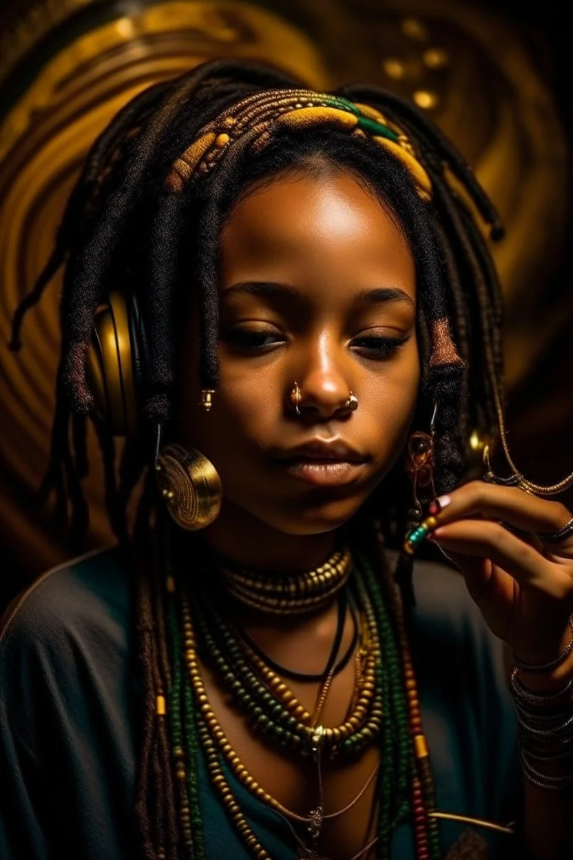 earthy black young woman listening to music with small old school headphones, soul, peace, majestic, earthy colours, at peace, happy, incense, jewels, bands, natural, old school headphones, blasian eyes, incense, very dark skin, crystals, gold arm bands, locs with beads, mouth slightly open, full lips with liner