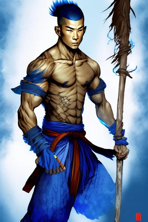 A young male water genasi with deep blue skin color, water shape hair on head. Shaolin monk with long stick weapon, kung fu master, martial art