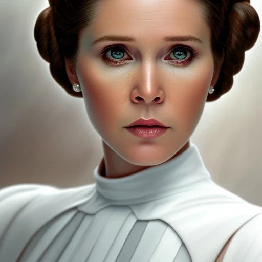 stunning half-body-portrait photo of princess leia from Star Wars played by Carrie Fisher, wlop, artgerm, akihiko yoshida, and liang xing, detailed face, doe eyes, intricate braided hair style, symmetrical eyes, trending on artstation, highly detailed, white dress, dynamic pose, intricate outfit, space ship and galaxy background