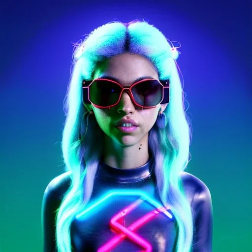 Shakira, artist, 30 years old, Realistic image, waist up portrait, etro style dress. Gucci sunglasses. loose long hair, eyes make up, perfect, glow, circle iris. Neon colors, leds. Cyberpunk. concept art, smooth, unreal engine 5, god lights, ray tracing, RTX, lumen lighting, ultra detail, volumetric lighting, 3d, finely drawn, high definition, 4k.