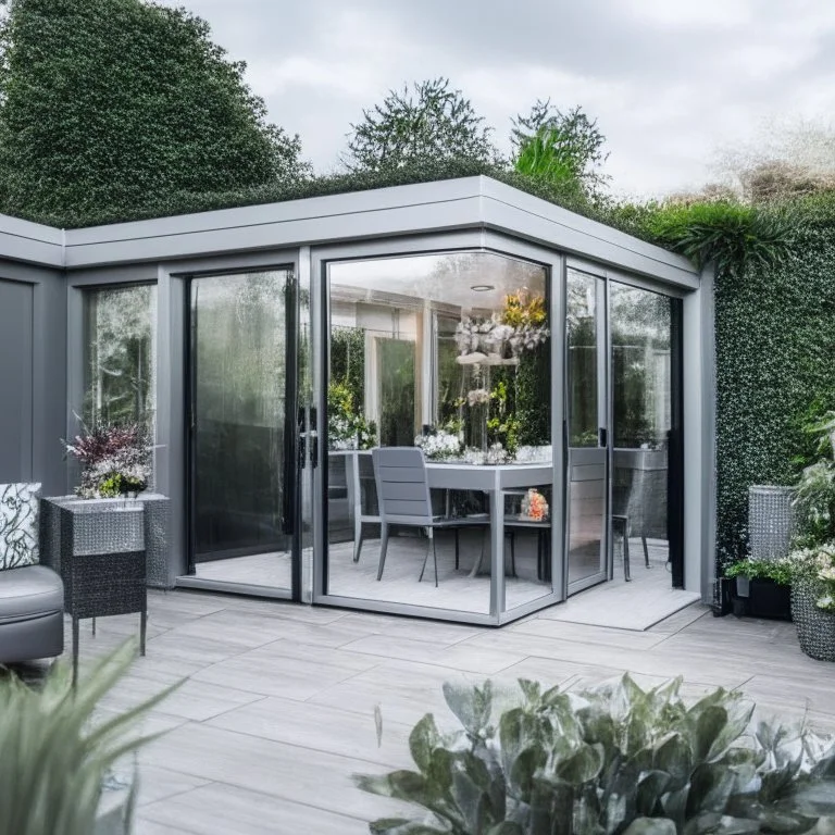 A picture of a modern garden room with silver party decoration