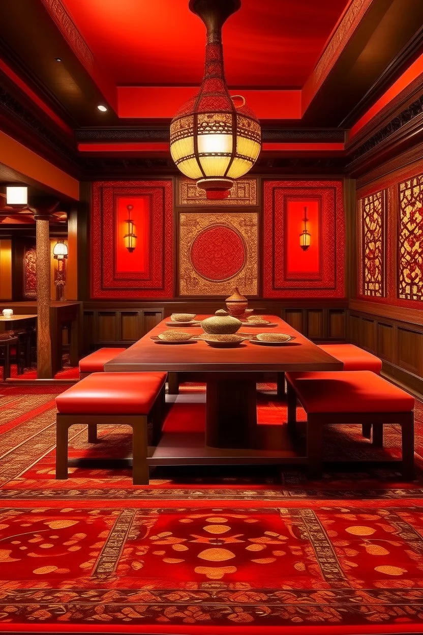 An orangish red Japanese hibachi restaurant designed in Moroccan rug art painted by Giovanni Battista Sassi