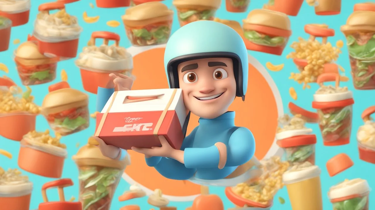 3d illustration of portrait handsome driver man wearing helmet and food box. half body. pixar. cute style