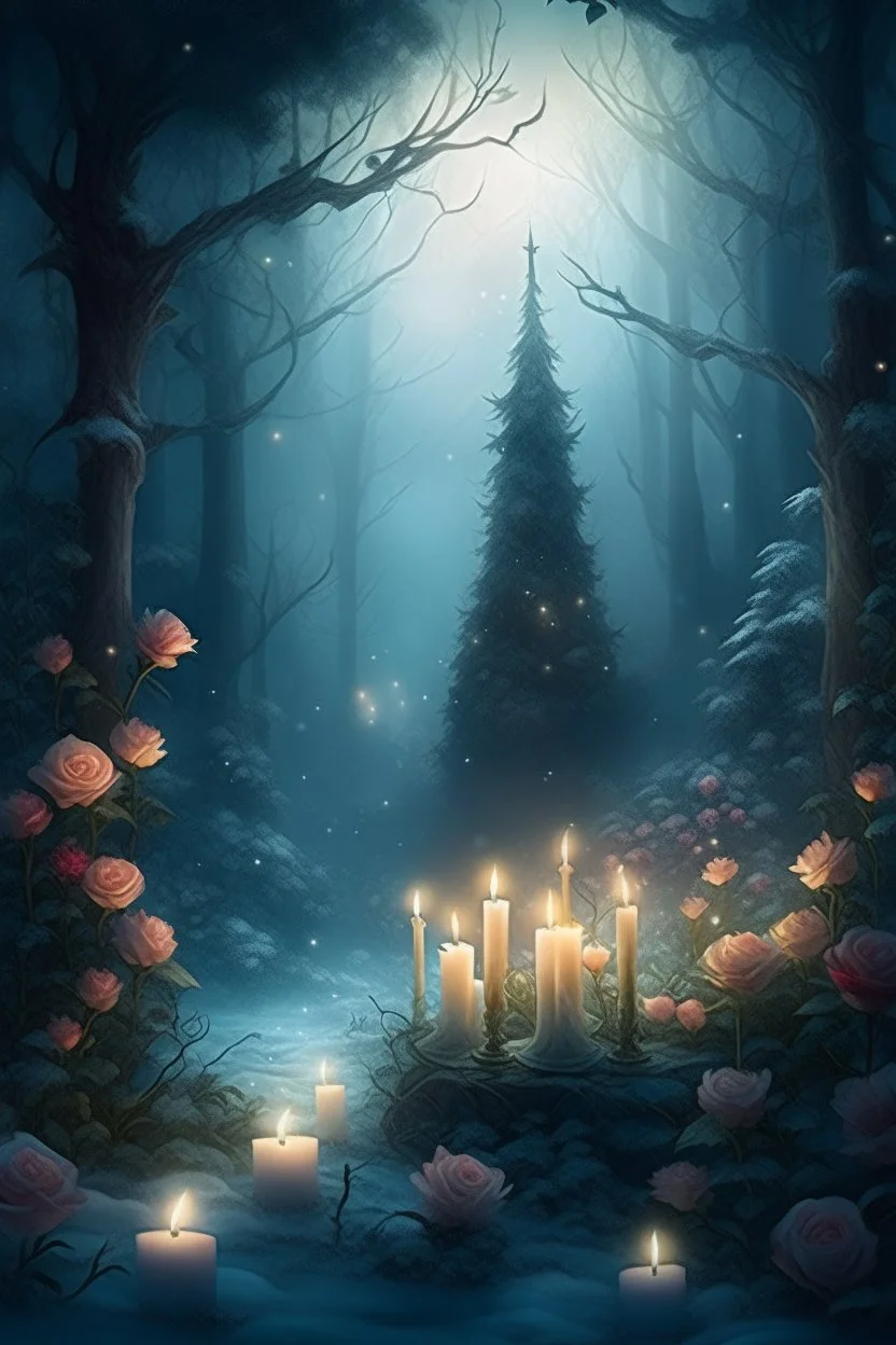 CANDLES ARE BURNING IN A WONDERFUL CLEARING IN A MAGICAL FOREST, THE NIGHT IS FULL MOON, SNOW, MAGIC Watercolor, double Chinese rose bush, ultra-detailed, morning, rain, greenery, beautiful landscape, fog, many details, delicate sensuality, realistic, high quality, 3d, work of art, hyperdetalization, filigree, foggy haze background, hyperrealism, professional, transparent, delicate pastel tones, back lighting, contrast, fantastic, unreal, translucent, glowing, clear lines, epic fabulous, fab