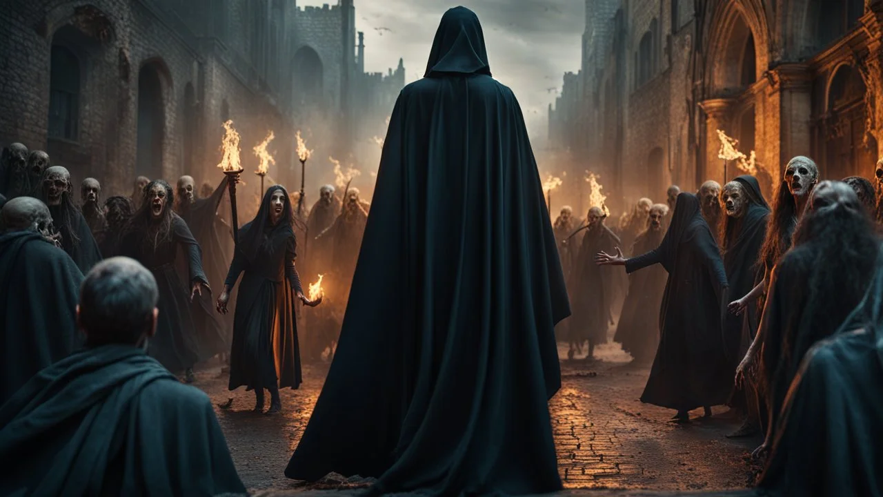 a magical female sorcerer in black cloth leading an army of rotting zombies through a burning medieval city. apocalypse. magic. fantasy setting. blood. intense horror. blind terror. scared to death. a masterpiece, fantasy concept art, dynamic lighting, hyperdetailed, intricately detailed, deep color, Unreal Engine, volumetric lighting, Epic cinematic brilliant stunning intricate meticulously detailed dramatic atmospheric maximalist digital matte painting