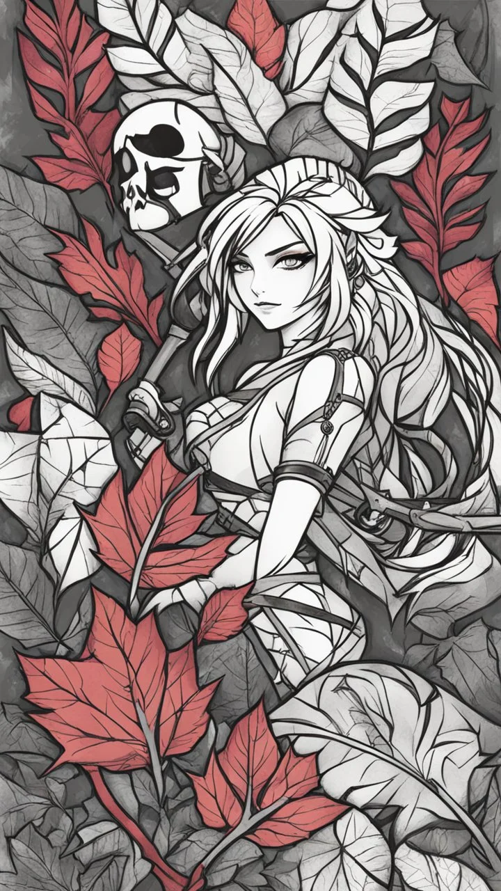 bits of color, furistic Sketch book, hand drawn, dark, gritty, realistic sketch, Rough sketch, mix of bold dark lines and loose lines, bold lines, on paper, Katarina, league of legends, leaves, animals, runes, dark theme,