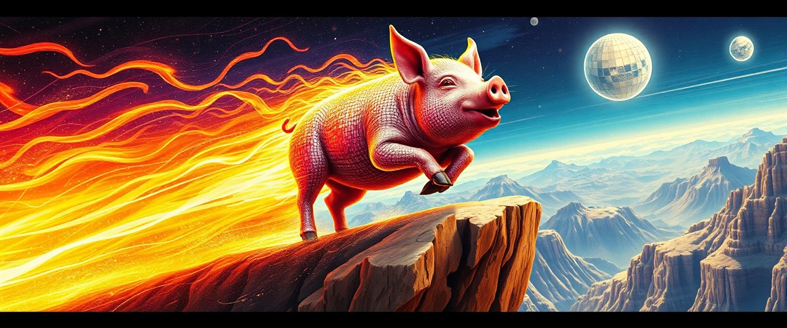 faster than a greased muscle shiny disco pig on a runaway train jumping over the cliff . speed and energy, goa trance poster