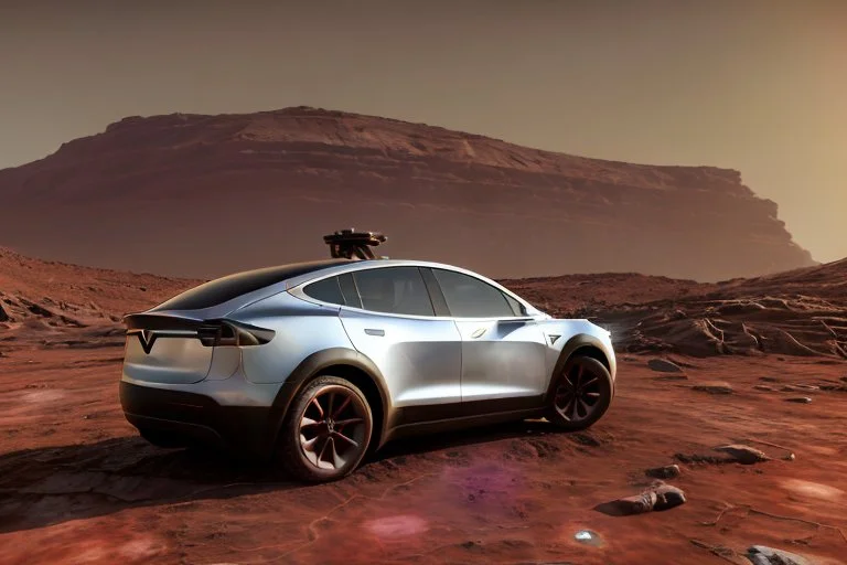 A Tesla 'Model Y' is parked, at the Cydonia region on Mars. (CINEMATIC, WIDE ANGLE LENS, PHOTO REAL)