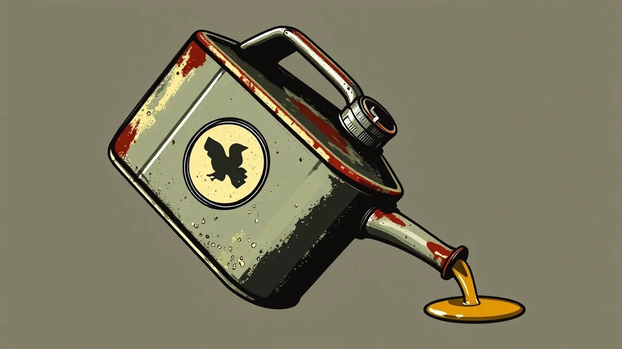 antique oil-can, tipped over slightly with a drip of oil at the end, vector logo