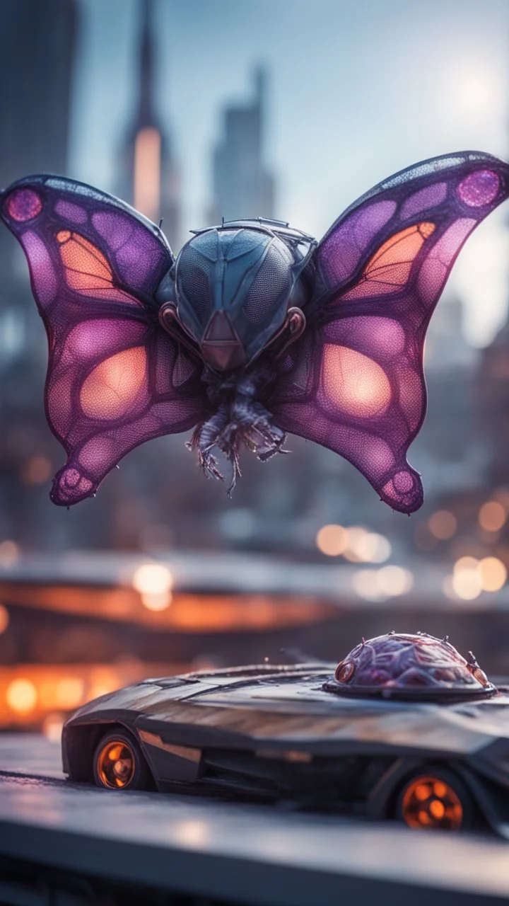 Illithid with snail butterfly wings frozen in net sitting on roof of a Lamborghini space ship, bokeh like f/0.8, tilt-shift lens 8k, high detail, smooth render, down-light, unreal engine, prize winning