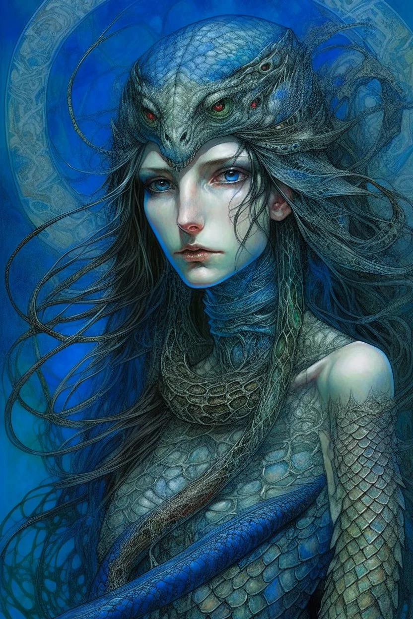 A beautiful girl with a colorful peacock long hair , snake like body, front view . decayed and rotting with grotesque proportions and imagery. grotesqueries, detailed texture, surreal horror, biomechanical design, by hr giger and beksinski , on blue color