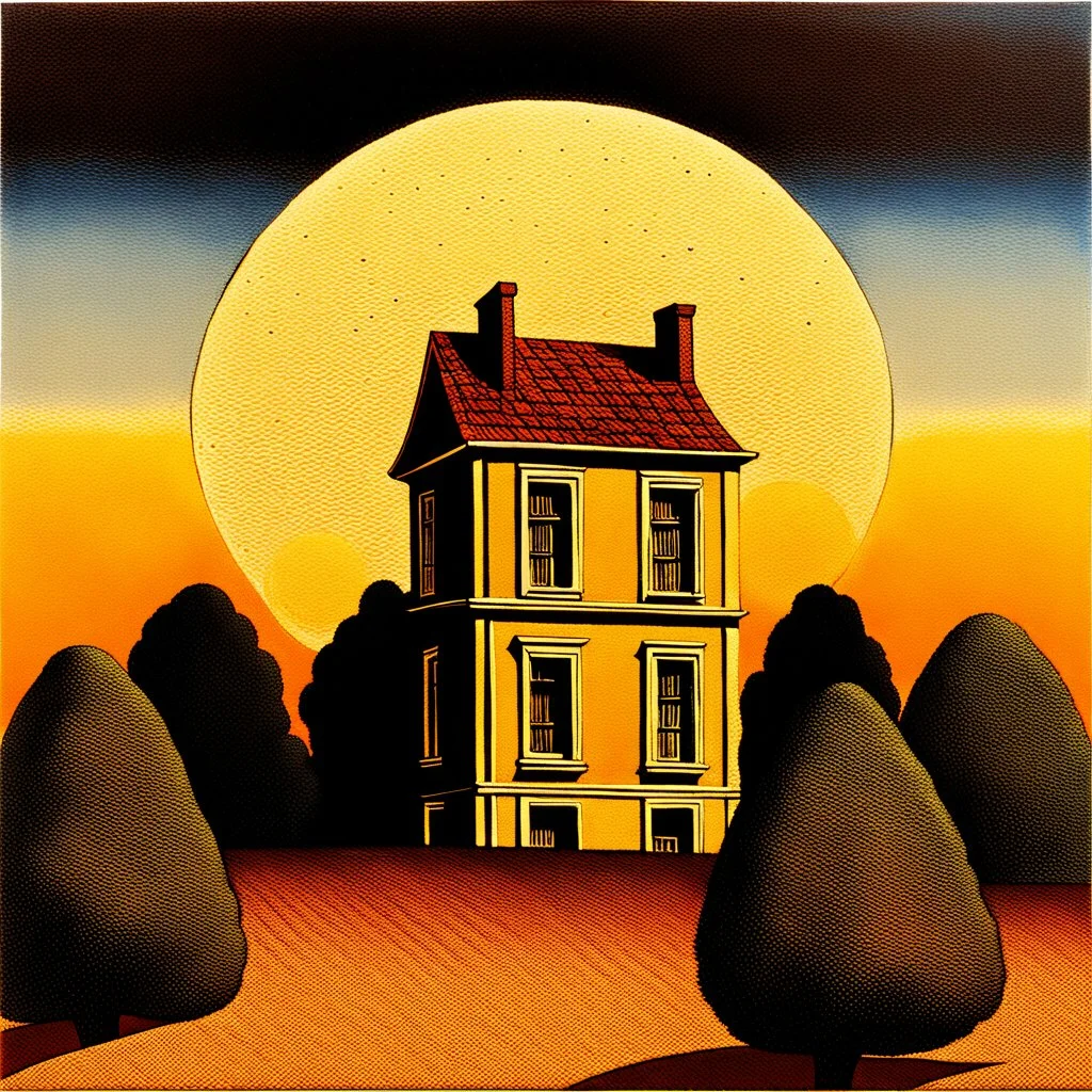 A lone house with trees and a moon René Magritte Max Ernst pointillism decal bas-relief expressionism