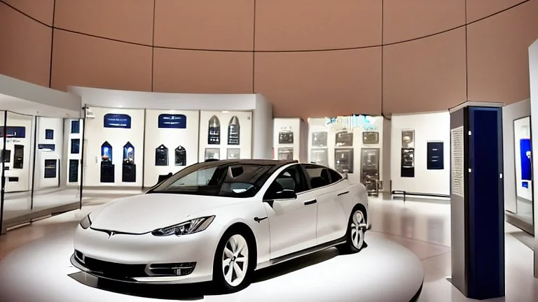 A Tesla's 'Model S Plaid' is parked, at inside the 'National Air and Space Museum', in Washington, D.C. CINEMATIC. WIDE ANGLE LENS.