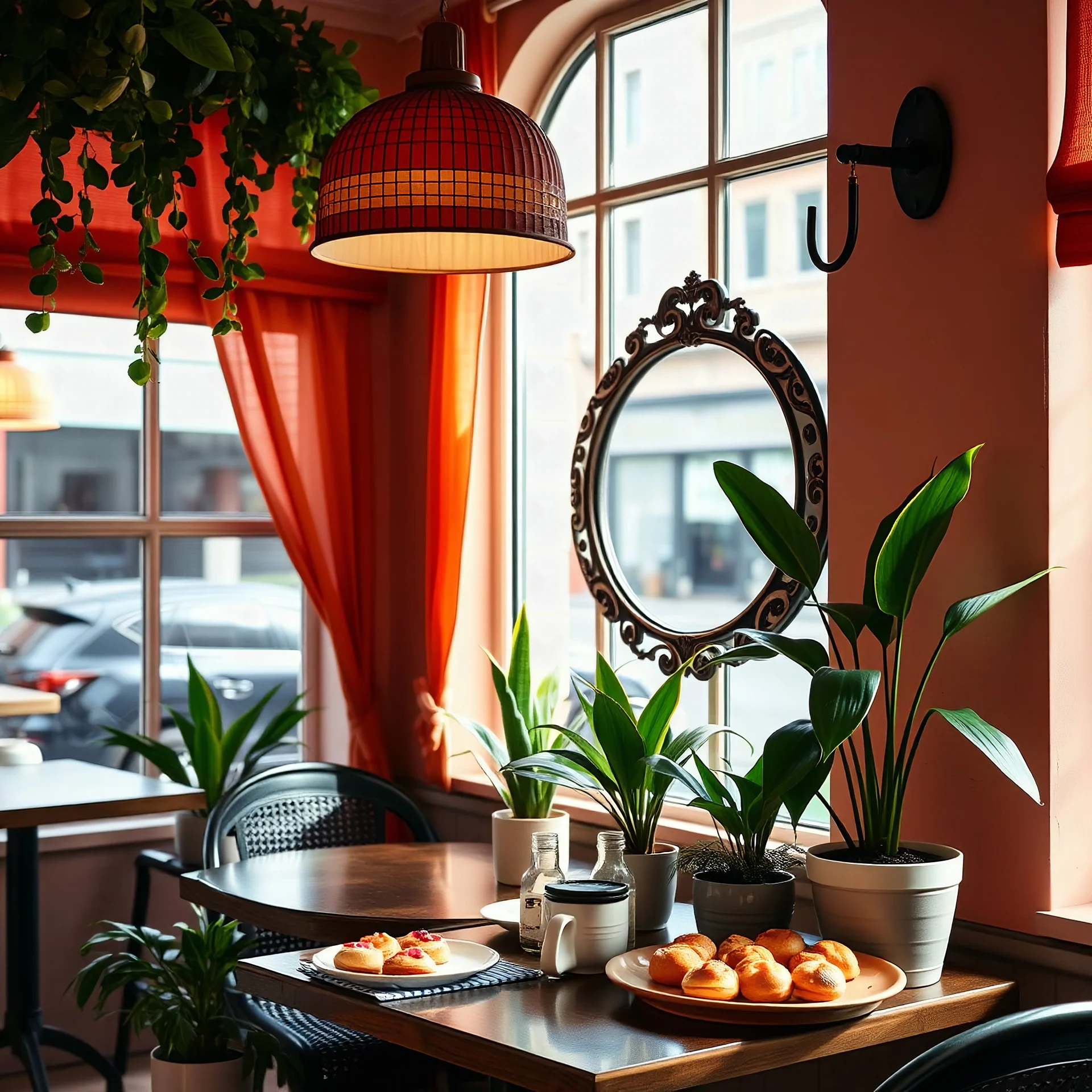 cafe, cafe interior in warm shades, potted plants, fresh pastries, mirror