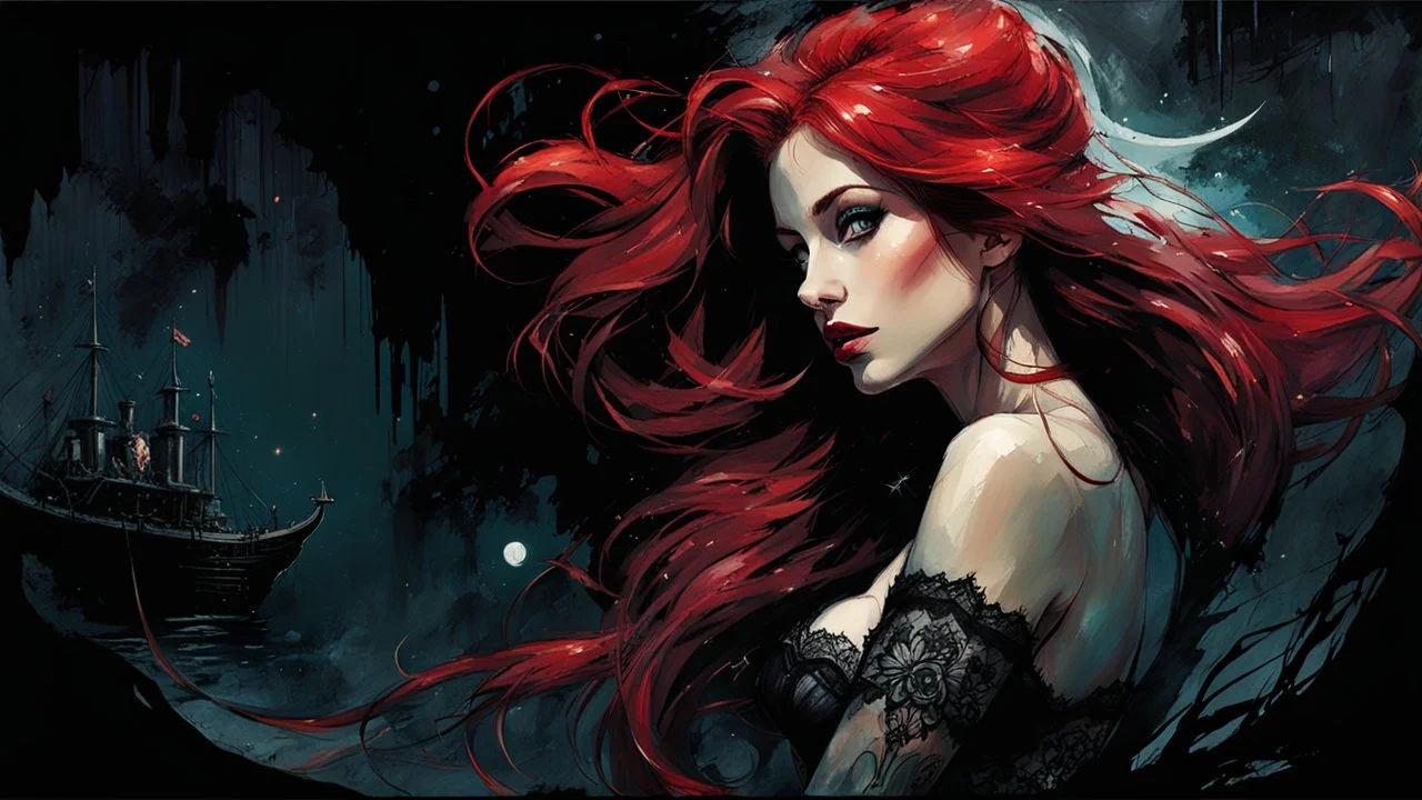 Graphic Novel Full Body Portrait Of Disney Ariel, Gorgeous Red Hair, Big Wide Set Eyes, Cute Nose, Big Pouty Lips, Unique Moody Face, Femme Fatale, Black lace bra and briefs At Night, smiling, Cinematic Detailed Mysterious Sharp Focus High Contrast Dramatic Volumetric Lighting,:: dark mysterious esoteric atmosphere :: digital matt painting by Jeremy Mann + Carne Griffiths + Leonid Afremov, black canvas, dramatic shading, detailed face