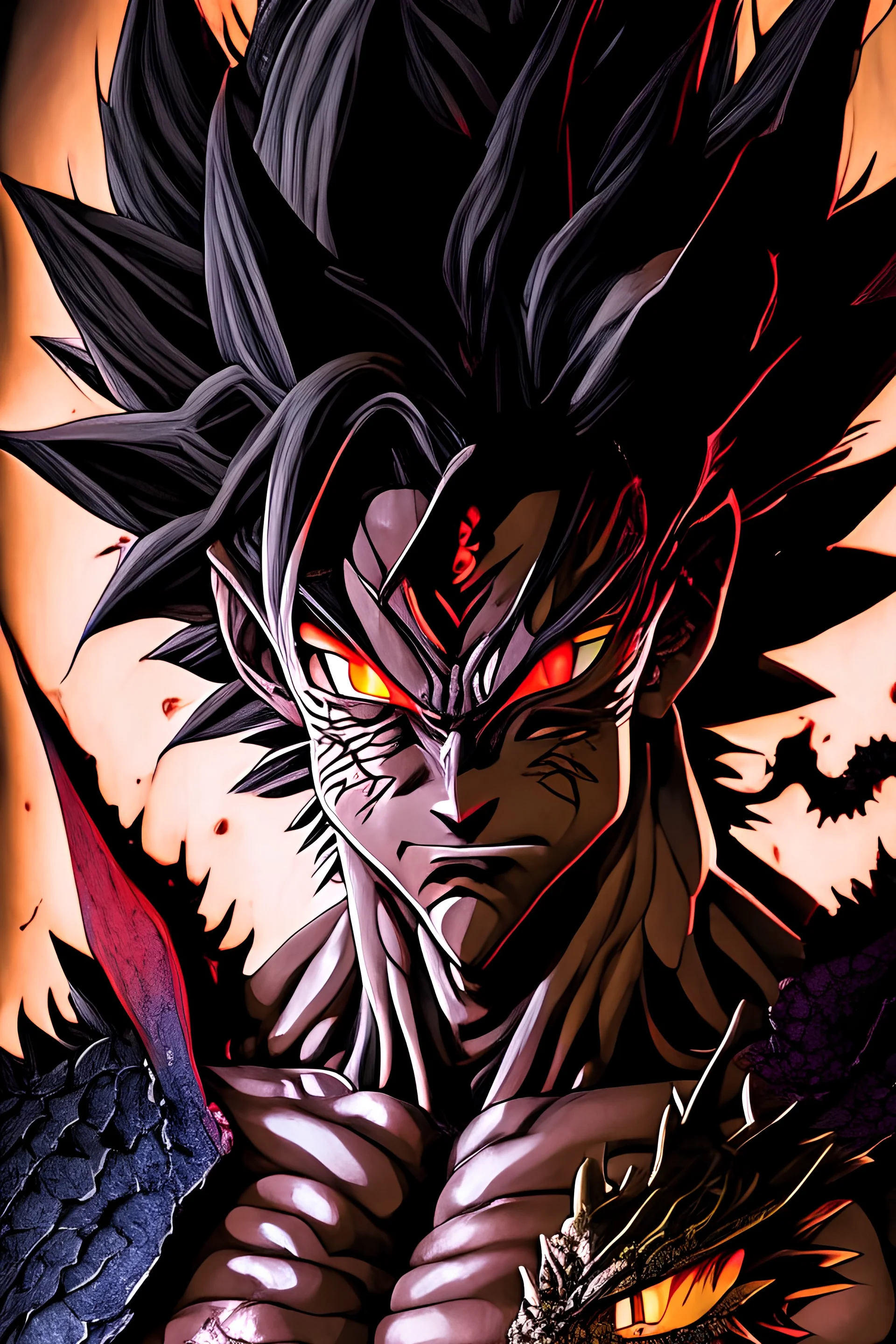 a man with a dragon on his chest, black dragon, highly detailed portrait of goku, ancalagon the black, gogeta, ultra detailed color art, official art, son goku, goku, full art, the former demon king, cgsociety 9, full color manga cover, a baddass dragon, chiaroscuro anime key visual