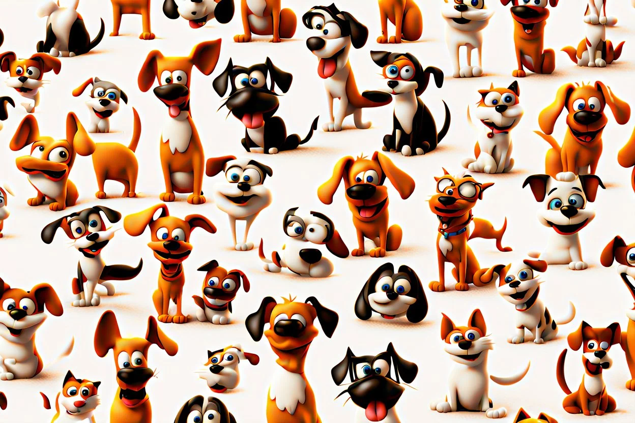 MJ P: a bunch of silly comical looking cartoon dogs and cats, 3D, high contrast, ultra-detailed, high depth of field, white background