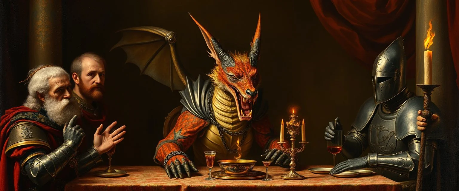 portrait painted by Rembrandt, stupid looking fire breathing dragon fox in chains and knights armor at banquet