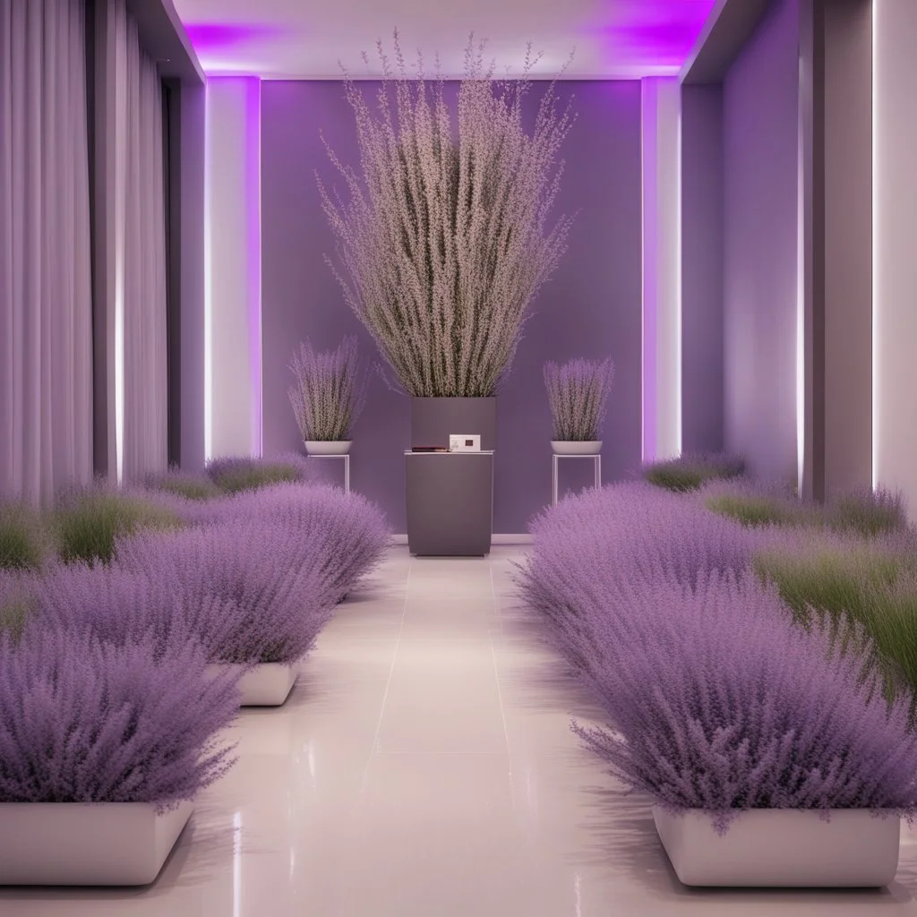 Concept of lavender flower in a hotel hall, modern style, lavender colors