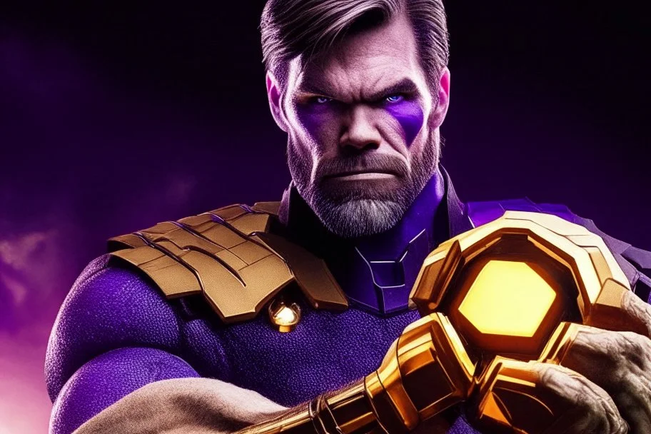 A sporty looking man with With a serious his face while holding Thanos' gantlet K's infinity gauntlet has six infinity stones