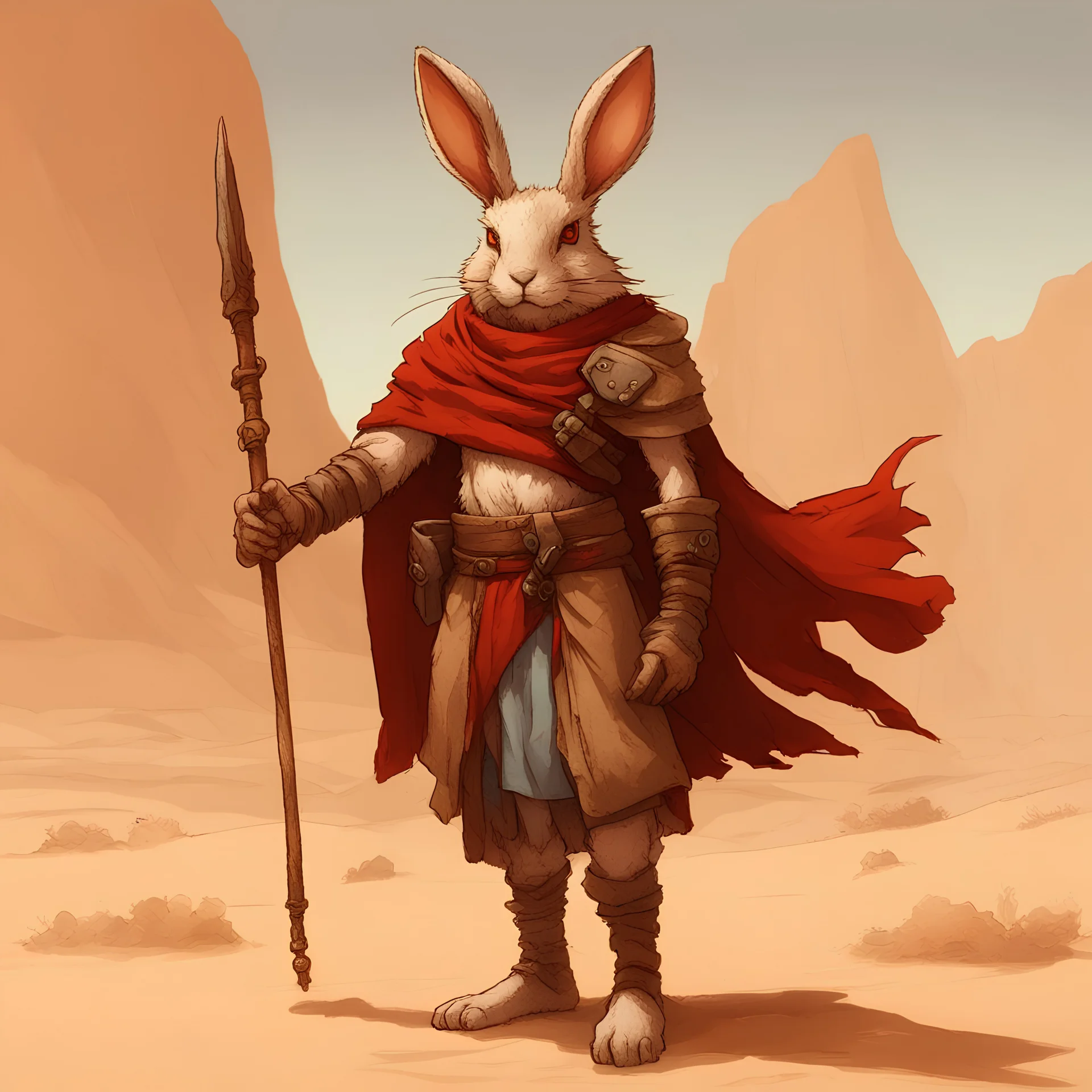 harengon-desert rabbit humanoid,rugged desert artificer-rune carver, eyepatch-bandage, staff with metal end, red-brown cloak, thematic tone wash, characteristic comic style